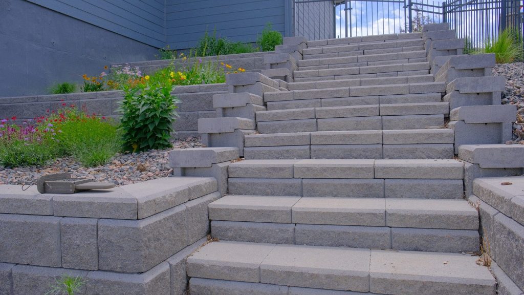 morrison co hardscaping block stair detail terraced retaining wall wildflower garden